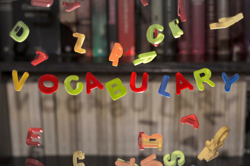 letras de plástico volando formando la palabra vocabulario 