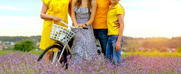 Banner with a happy family in a lavender field on a bicycle in yellow clothes. Mother, father, daughter and son. Beautiful concept of a happy family. Summer and relaxation.