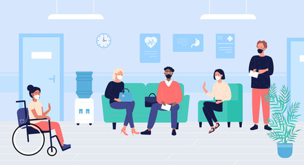 Plakat Patients people in doctors waiting room vector illustration. Cartoon flat woman man characters in masks sit and wait for doctoral appointment in hospital hall interior. Medical healthcare background