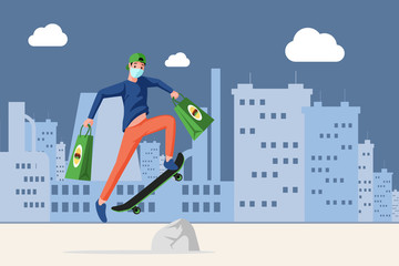 Man in face mask holding bags with fast food and riding on skateboard in the city vector flat cartoon illustration.