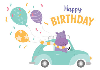 Cute hippo drive a car with balloon vector illustration for birthday invitation, postcard, logo, sticker and instructional media