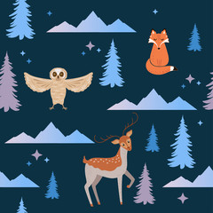 Vector seamless pattern with owl, fox and deer, fir trees and mountains on dark background.  Wrapping paper with animals.
