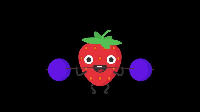 Strawberry raises barbell and smiles. Transparent background