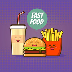 Fast food vector illustration.Funny cola,burger and french fries in cartoon style on a violet background.