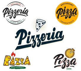 Set of hand-written logos for pizzeria and pizza restaurant.Vector logo,labels and badges.   - obrazy, fototapety, plakaty