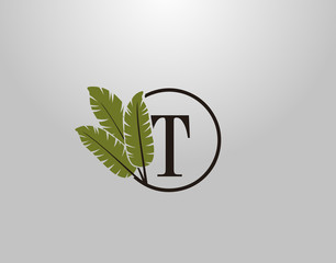 T Letter Logo Circle Nature Leaf, vector logo design concept botanical floral leaf with initial letter logo icon for nature business.