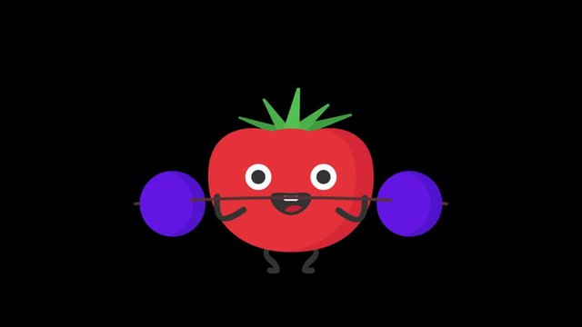 Tomato raises barbell and smiles. Transparent background
