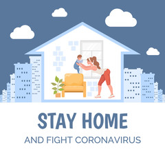 Stay home and fight coronavirus vector banner concept. Woman doing sport exercises with her child flat cartoon illustration.