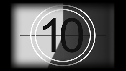 3D rendering of a monochrome universal countdown film leader. Countdown clock from 10 to 0
