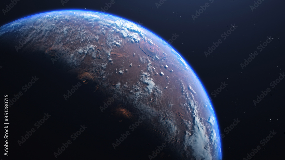 Wall mural 3d rendering of the process of terraforming mars as a result of humanity colonization of the red pla