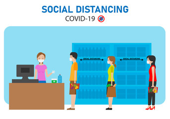 Obraz premium People shopping with safety distance. Social distance prevent covid-19