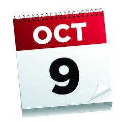 October 9th on a calendar page - illustrated. 