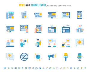 Simple Set of News and Global Event of Coronavirus, Covid-19 Related in Different Platform. Such as Tablet, Phone, Speech Bubble. Flat color Icons Vector. 64x64 and 256x256 Pixel.