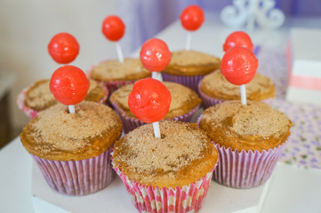 Cupcakes. Sweet and candy table. Child's birthday. 