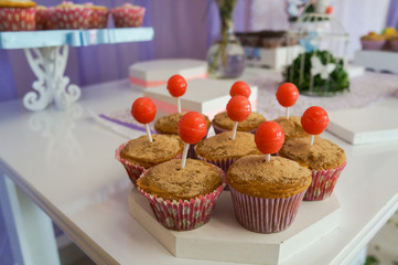 Cupcakes. Sweet and candy table. Child's birthday. 