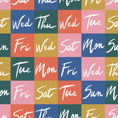 Vector weekdays seamless pattern. Days of the week lettering colorful background. Great for scrapbooking.