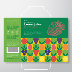 Fruit and Vegetables Pattern Juice Label Template. Abstract Vector Packaging Design Layout. Modern Typography Banner with Hand Drawn Strawberry Silhouette Background.