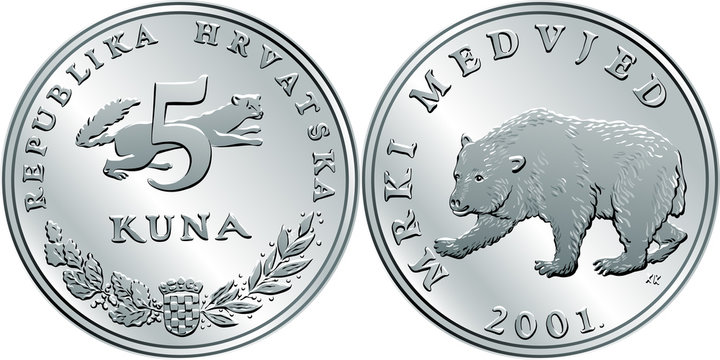 Croatian 5 kuna coin, Brown bear on reverse, marten, coat of arms, state title and indication of value on obverse, official coin in Croatia