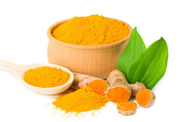 Turmeric powder with turmeric root isolated on white background