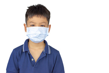 Isolated Asian boy wearing a mask on a white background with clipping path.