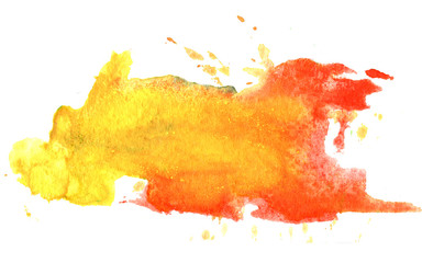 Fototapeta premium Watercolor transition from yellow to red. The hand-drawn color splashing on the paper. For banners, advertising, and packaging design. 