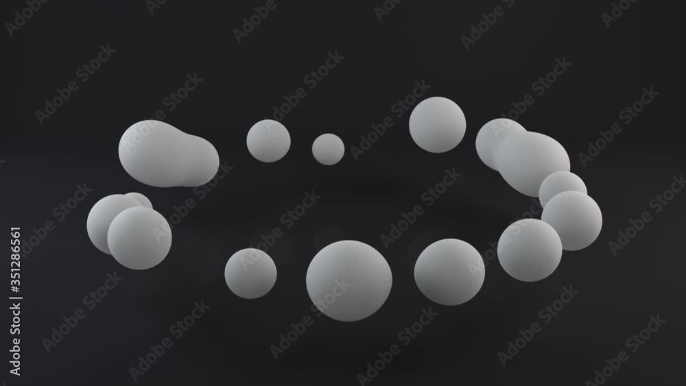 Poster 3d animation of a white sphere dividing into many drops moving in a circle and merging with each oth