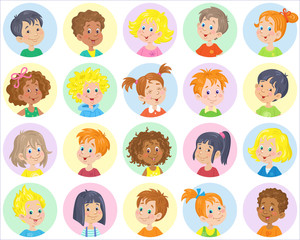 Set of avatar icons of happy children of different nationalities. In cartoon style. Isolated on white background. Vector flat illustration.