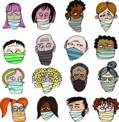 Set of stylized faces of people in medical masks.  Hand-drawing. Vector illustration.