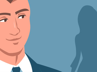 A young man in a tie looked around at the silhouette of a beautiful girl. Vector romantic illustration.