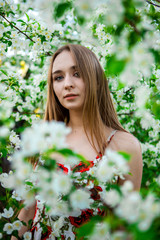 OMSK, RUSSIA, MAY 09, 2020:  young in Apple trees. A girl with long hair and blue eyes in a bright dress in an Apple flowers orchard.