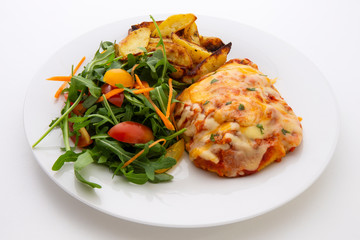 Chicken Parmesan Baked in Tomato Sauce with cheese, chips