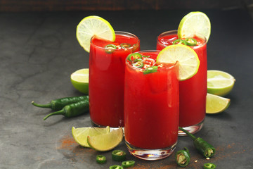 Jalapeno tomato margarita cocktail with lime