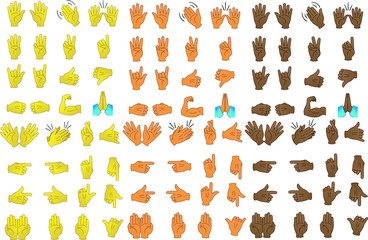 Conjunto de emojis. Emoticons com diversos sinais de mãos e cores.