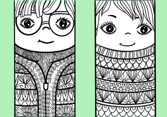 coloring book for kids and adults two boys fun anti stress vector ornament doodle and zentangle elements outline bookmark print textile picture illustration cover