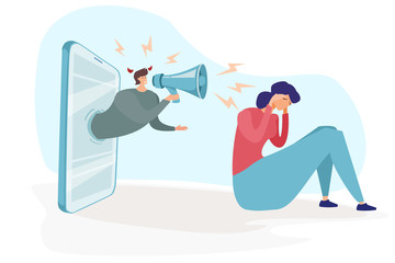 Tired women having stress after reading angry comments. Social media shame the victim. The girl sits on the floor and closes herself from evil comments, people. Harassment on the Internet, hater.