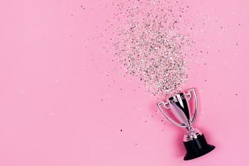 One silver winners cup with sparkles on a pastel background. Banner with copy space. Flat lay style.
