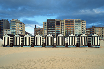 new building and beach huts at the beach in Belgium