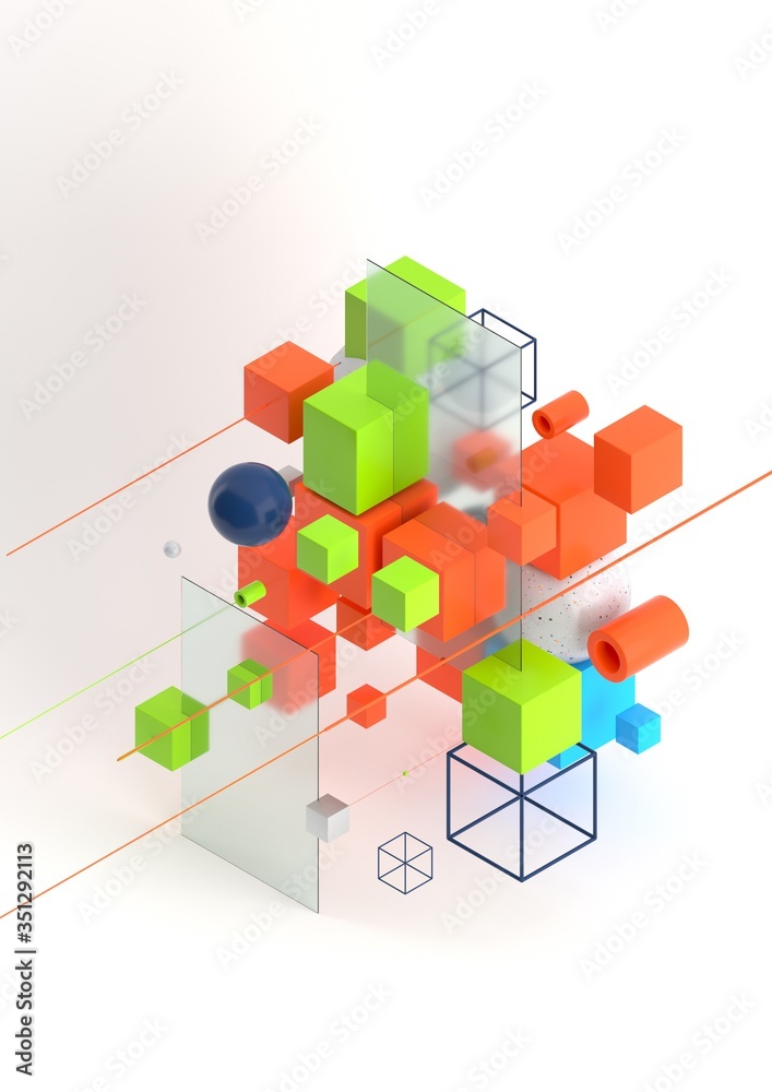Poster Abstract 3d render visualization background, template modern composition of geometric shapes in isometric . Cube, sphere, cylinder, line.