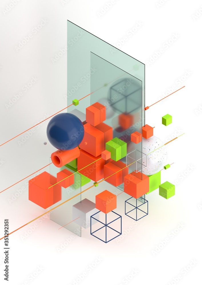 Leinwandbilder abstract 3d render visualization background, template modern composition of geometric shapes in isom