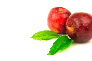 Red apple with green leaves