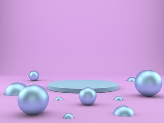 3d rendering studio with geometric shapes, podium on the floor. Platforms for product presentation, mock up background.