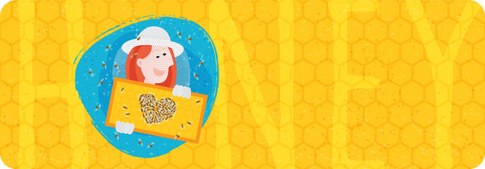 Label for beekeeper, for honey products. Woman holding honeycomb. Bees making heart.