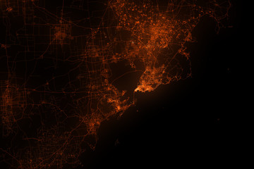 Quingdao aerial view. Night city with street lights, view from space. Urbanization concept, render