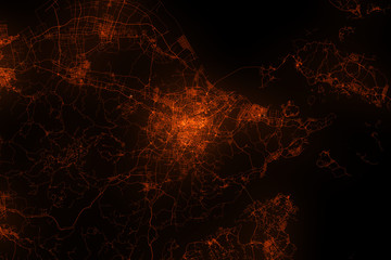 Ningbo aerial view. Night city with street lights, view from space. Urbanization concept, render