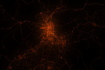 Taiyuan aerial view. Night city with street lights, view from space. Urbanization concept, render
