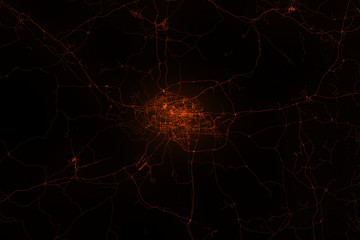 Nanning aerial view. Night city with street lights, view from space. Urbanization concept, render