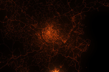 Fuzhou aerial view. Night city with street lights, view from space. Urbanization concept, render