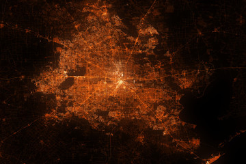 Houston top view. Night city with street lights, view from space. Urbanization concept, render
