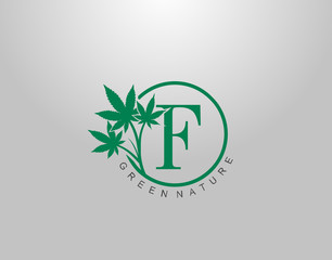 F Letter Logo Circle Nature Canabis Leaf, vector logo design concept medical marijuana leaf with initial letter logo icon for nature business.