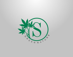 S Letter Logo Circle Nature Canabis Leaf, vector logo design concept medical marijuana leaf with initial letter logo icon for nature business.